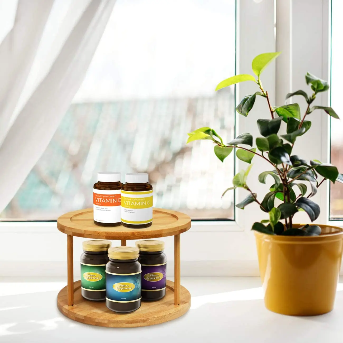 2 Tier Bamboo Lazy Susan Turantable - 10 in Spinning Spice Rack Pantry Cabinet Kitchen Storage Turntable for Spices, Condiments
