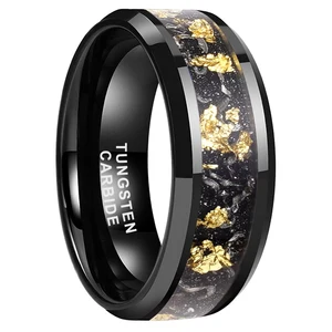 Coolstyle Jewelry 8mm Beveled Mens Womens Fashion Engagement Wedding Band Meteorite Gold Foil Inlay Black Tungsten Carbide Rings