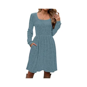 2025 Women's Casual Long Sleeve Winter Sweater Dress Square Neck Straight Silhouette Front Button Closure Part Fall Career 100%