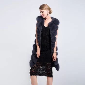 Office Elegant X-long Lady Fur Gilet Waistcoat Real Mink Fox Fur Coat Vest Long Real Fur Vest Women
