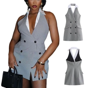 Women New Chic Fashion Spliced Hanging Collar Dress Vintage Sleeveless Female Dresses Women Dress