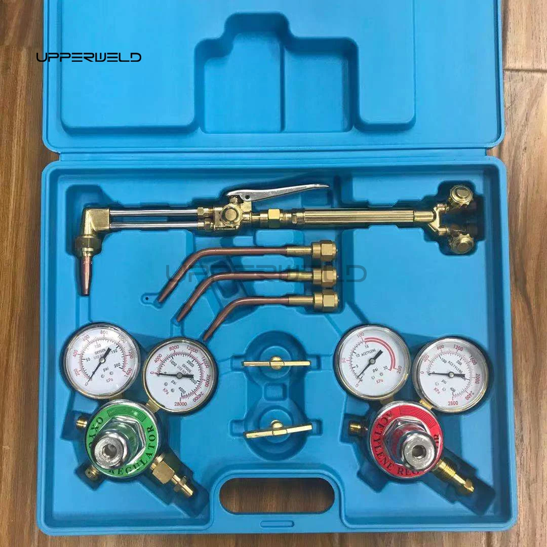 Portable Oxy Brazing Welder Tool Set with Oxygen & Acetylene Gas Cutting Torch Two Hose Pressure Regulators and Gauges