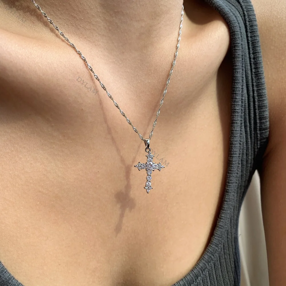 KAKODIY Sterling Silver Jewelry Simple Crystal Pendant Women's Necklace Zirconia Jewelry Couple Exquisite 925 Sterling Silver Cross Necklace detail 5