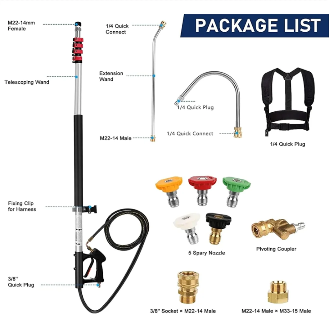 New 24ft 5-Sections Stainless Steel Pressure Washer Telescopic Lance Extension Wand Kit Telescoping Spray Wand Adapters Belt