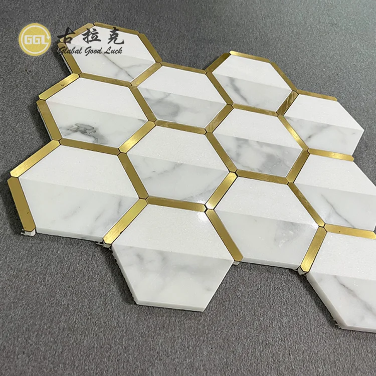 Natural Marble Mix Brass Hexagon Design Interior Decor Mosaic Tile