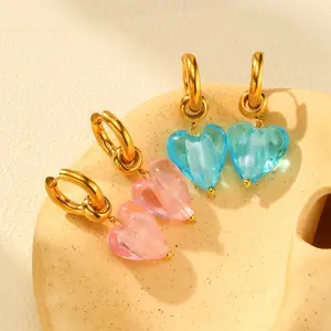 Summer Trendy Non-tarnish Jewelry Heart Shape Drop Earrings Sweet Clear Pink Blue Heart Pendant Drop Earrings