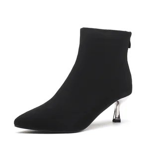 Fashion Black Suede Ankle Boots with Pointed Toe & Metallic Stiletto Heel, 5CM Heel for Autumn & Winter