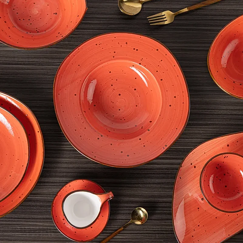 Hand Painted Rustic Earth-Yellow Rim Ceramic Tableware Multiple Color Porcelain Catering Crockery Sets Dinnerware for Restaurant