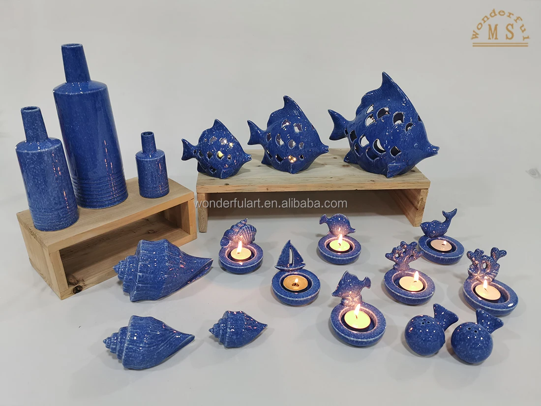 Ceramic Ocean Style Sets Blue Candle Holder Fish Shaped Tea Light Holder for Home Decoration