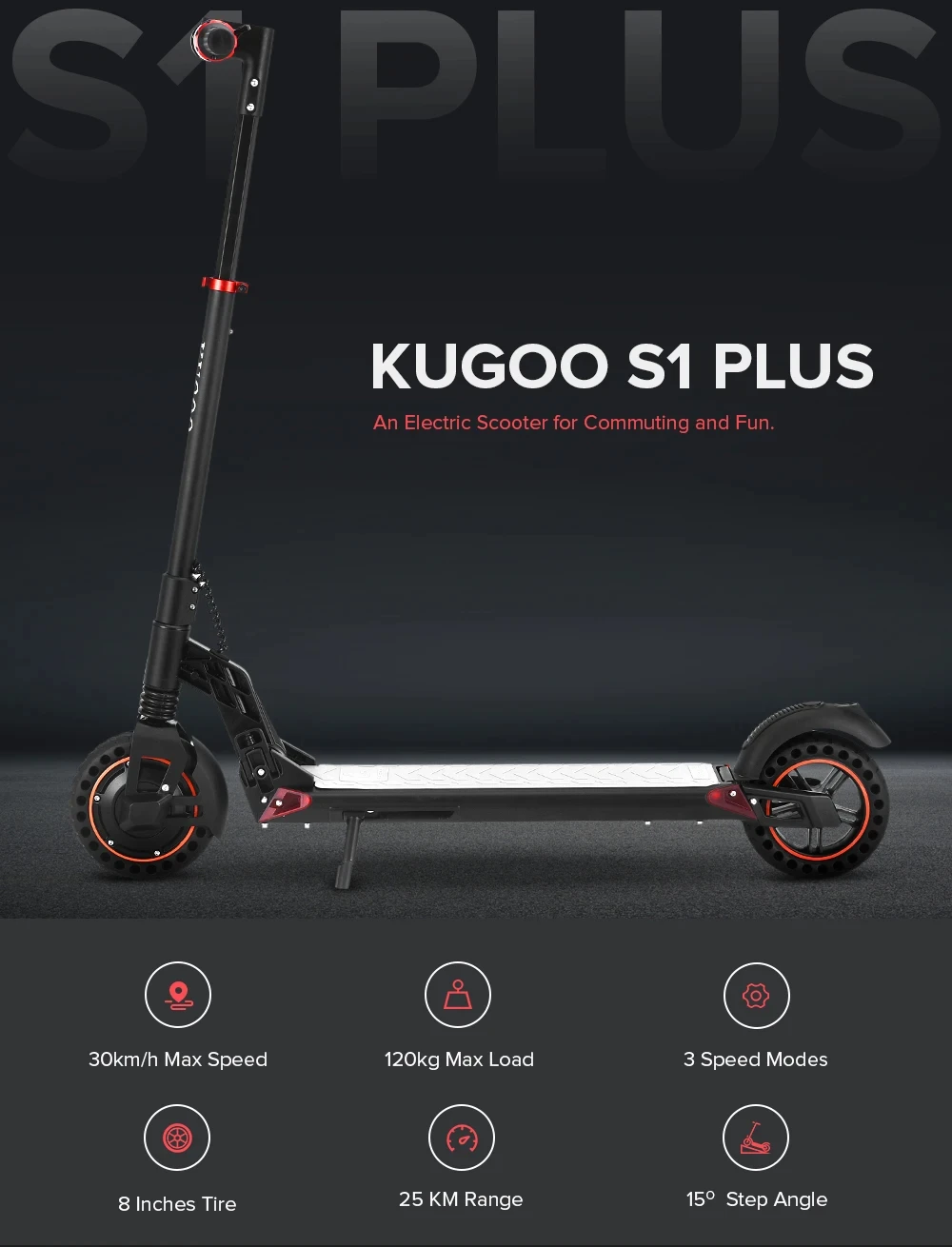 Kugoo S1 Plus 2023 Folding Electric Scooter 8 Inch Max 30km/h 3 Speed ...