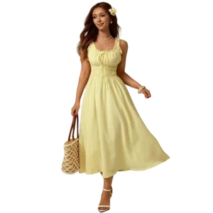 Sweet Style Women's Casual Summer Maxi Dress Elegant Solid Pattern with Round Neck Front Strap Detail Elastic Waist-for Vacation