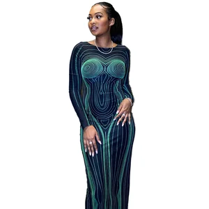 Dropped Waistline Hot Girl Maxi Length Dress 3D Body Printed Long Sleeve  l Collection Fashion Sexy O Neck Women's Dress