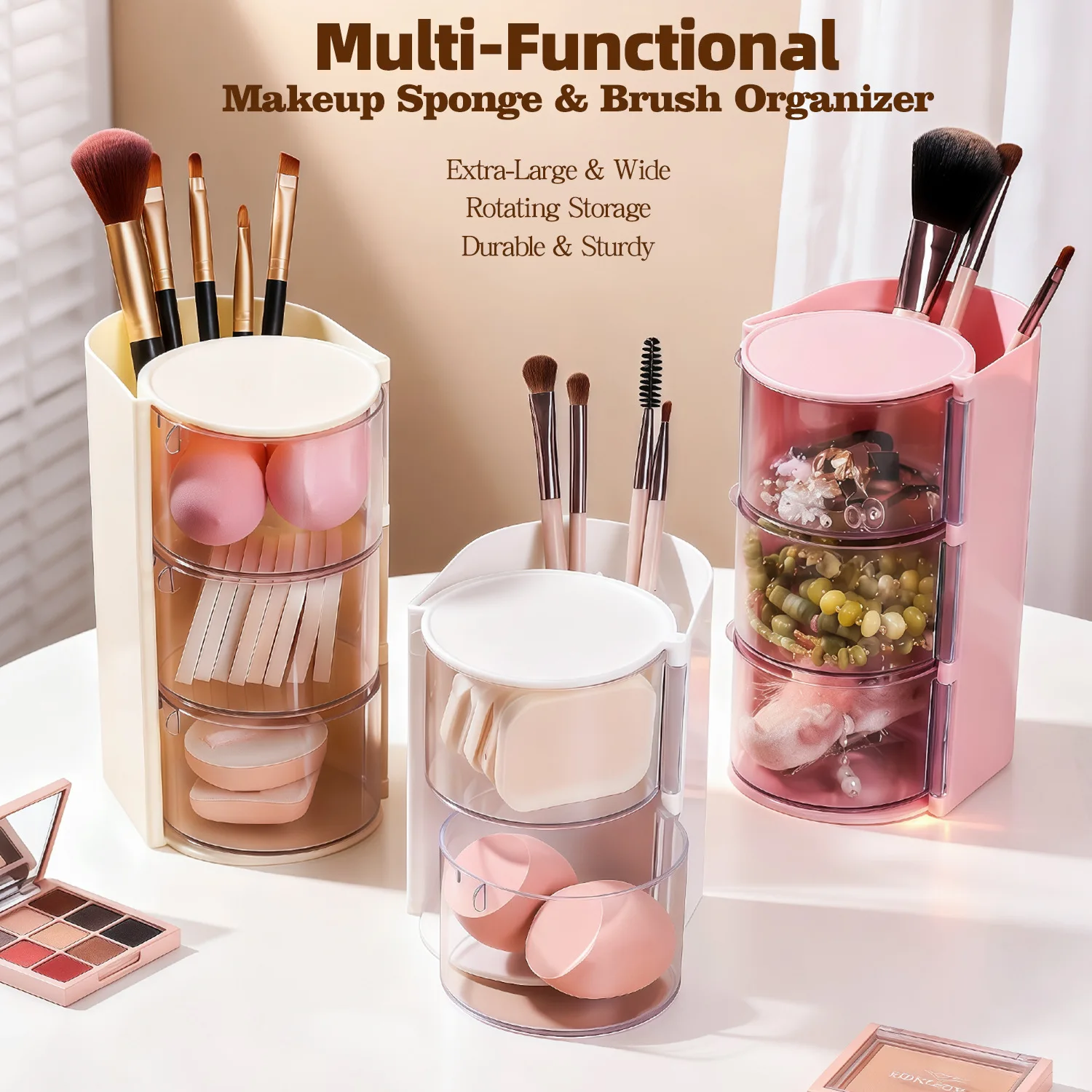 Rotating Dust-proof Makeup Organizer Desktop Compartment Storage Box for Makeup Sponges Cushion Compacts Cosmetics