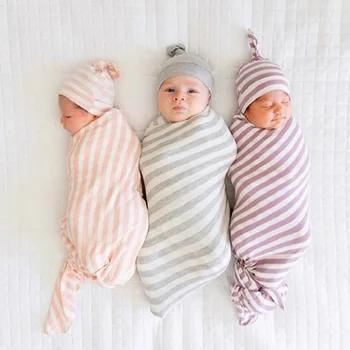 Ins Newborn stripe Gro-bag beanie 2 Pieces suit newborn blanket knotted beanie