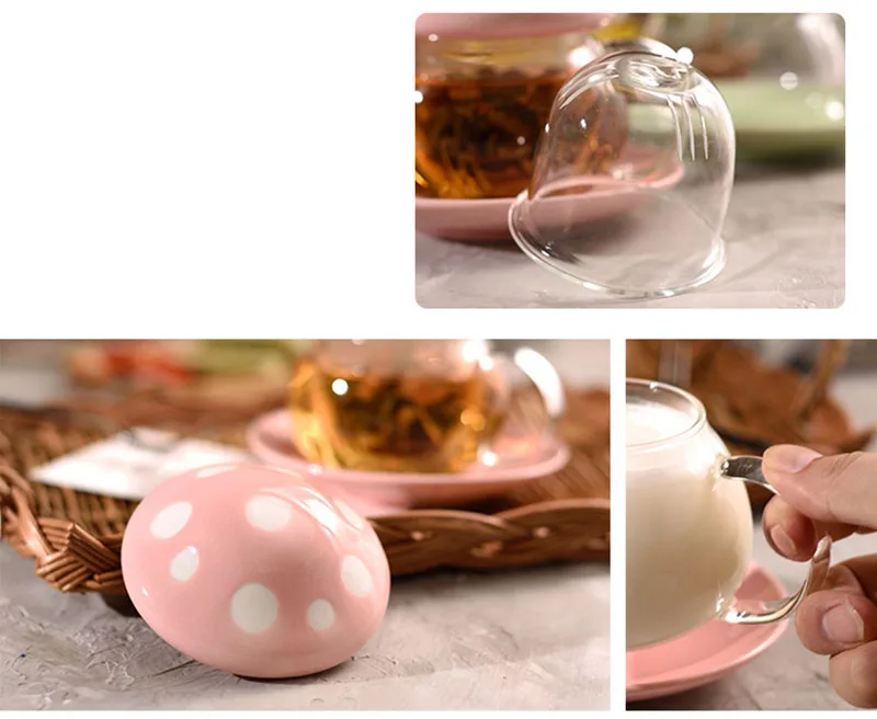 290ml Cute Mushroom Glass Coffee Mug with Ceramic Cup Holder Reheatable  Milk Cup Afternoon Flower Tea Cup with Glass Filter