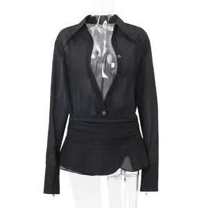 INS Trendy Hot Girl Lapel Waist-cinched Cardigan with Slightly Sheer Long-sleeved Shirt and Temperament Short Skirt Set