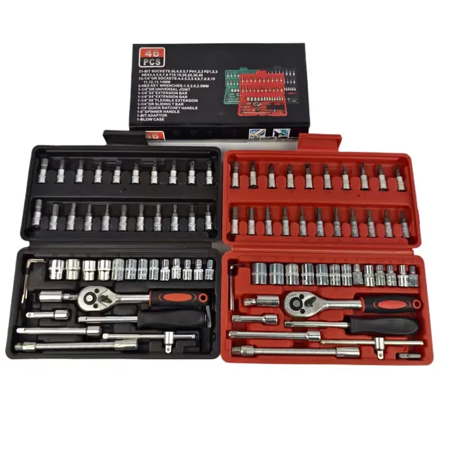 46-Pieces 1/4 Inch Drive Socket Ratchet Wrench Set Metric Bit Socket Extension Bar Hand Tools Case Pack