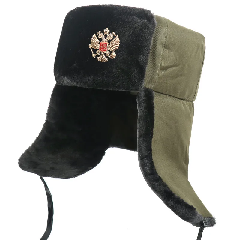 Russian Army Military Style Black White Faux Fur Ushanka Hat USSR Soviet Badge E - Foto 8