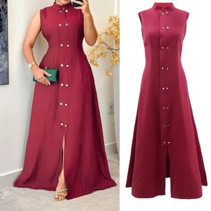 10777 New Arrival Women's Solid-Color Casual Elegant Sleeveless Button-Detailed Waist-Cinched A-Line Maxi Dress