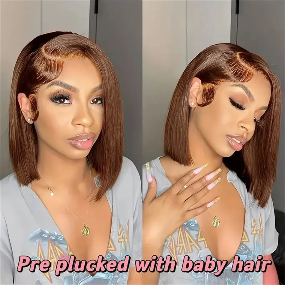 Chocolate Brown Short Bob Human Hair 13X4 Lace Wig Brazilian Remy_voghion.com