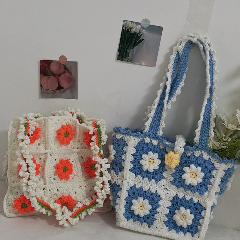 Handmade knitted bags on a colored background Stock Photo | Adobe Stock
