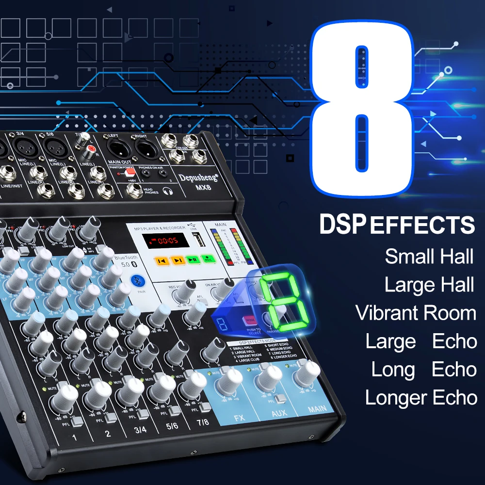 Depusheng MX8 8 Channel Audio Mixer for Live Sound and Recording