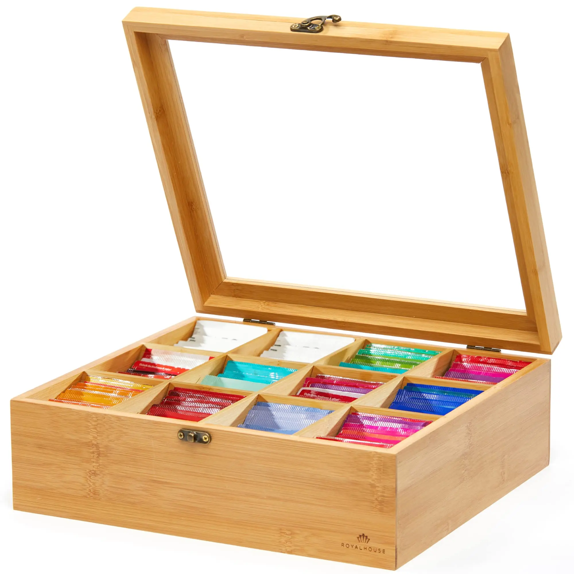 Low Moq 12 Compartments Wood Tea Storage Box With Hinged Lid Bamboo Tea ...