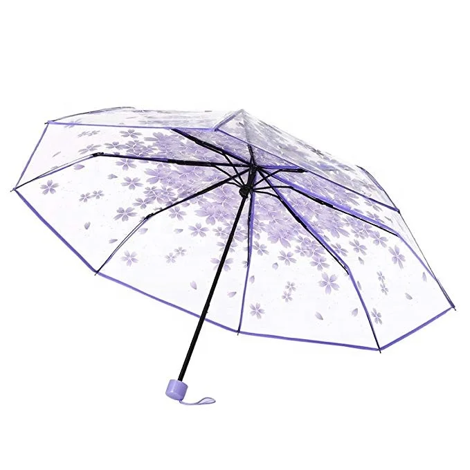 High Quality 3 Fold Transparent clear Folding Umbrella with Sakura Cherry Flower Printing on the Top