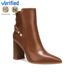 Women's Fashion Brown PU Ankle-Height Increasing Block Heel Boots Solid Pattern Pointed Toe Zip Winter Studded Buckle Strap