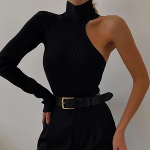 One-Shoulder Knitted Crew Neck Bodysuit Women Sexy  Long Sleeve Black Winter Autumn Woman Slim Body Romper #1724