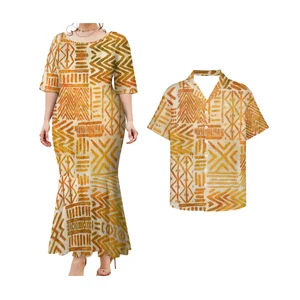 Promotional Price Polynesian Elei Tribal Tie-Dye Design Custom 2 Pcs Couple Clothes Big Size Mens Short Shirts Woman Summer