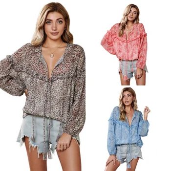 2020 Women Lantern Long Sleeve Blouse Lace Stitching Shirt Autumn New Loose Casual V-Neck Pullover Holiday Fashion Ladies Tops