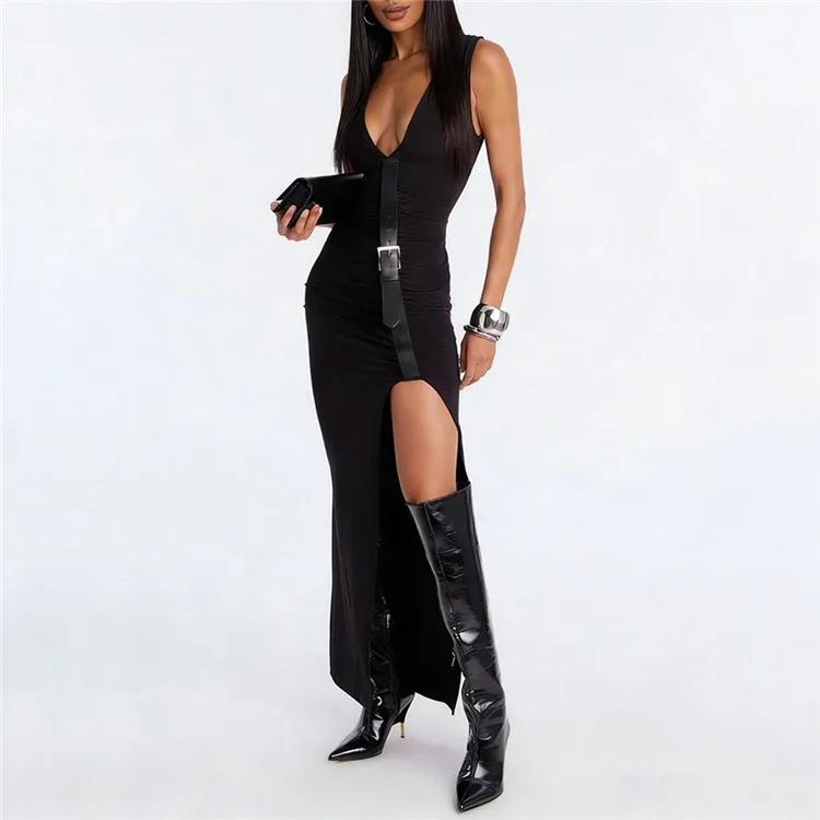 Metal Buckle Belt Dress Women V-Neck Summer Wild Hot Chick