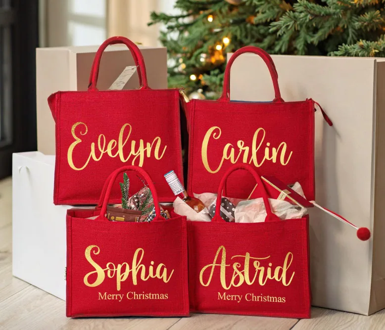 Christmas Gift Shopping Personalized Large Wedding Favor Beach Tote Bag Custom Name on Burlap Jute for Bridesmaid