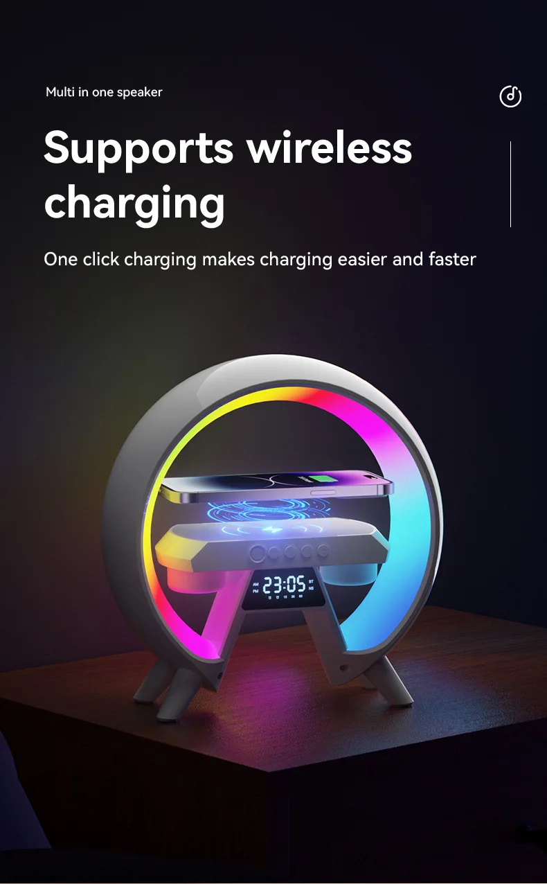 New Colorful Dazzling With Clock Lamp Bedside Speaker Multi-function Bluetooth Audio Wireless Charger Nightlight