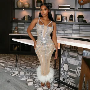 CY901559 Summer Luxury Fashion Floor-Length Sequins Party Evening A-Line V-neck Candy Color Dress Feather Trim Hem Natural Waist