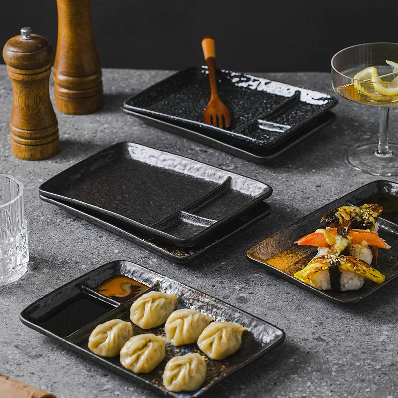 Rectangular 3 Compartment Divided Melamine Sushi Plate with Sauce Dipping for Japanese Restaurant