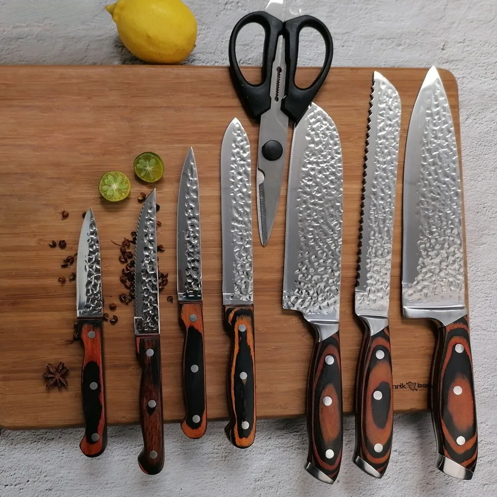 CATHYLIN 15 Pcs Professional Chef Tool Set Metal Stainless Steel Kitchen Knife Set with Wood Handle Block Color Box for Kitchen