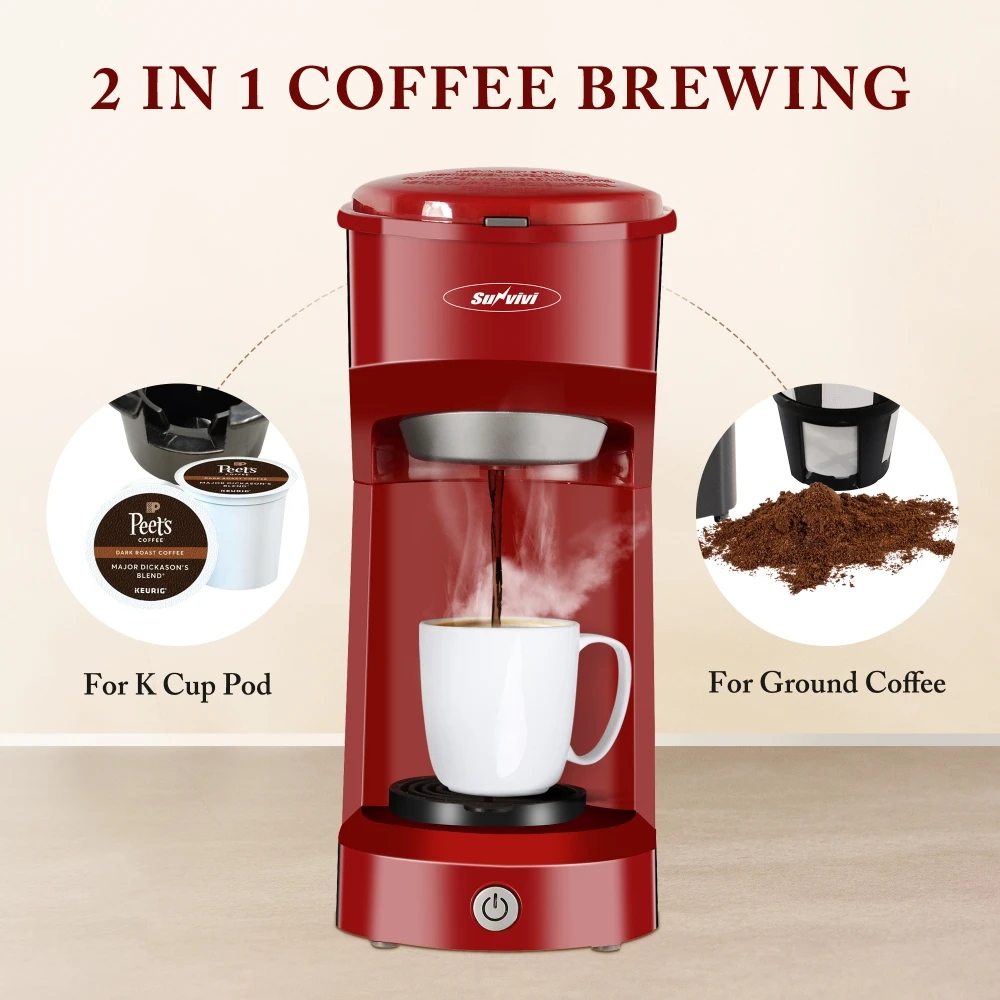 2 In 1 Single Coffee Maker Red 14 Oz Electric Automatic Single Cup