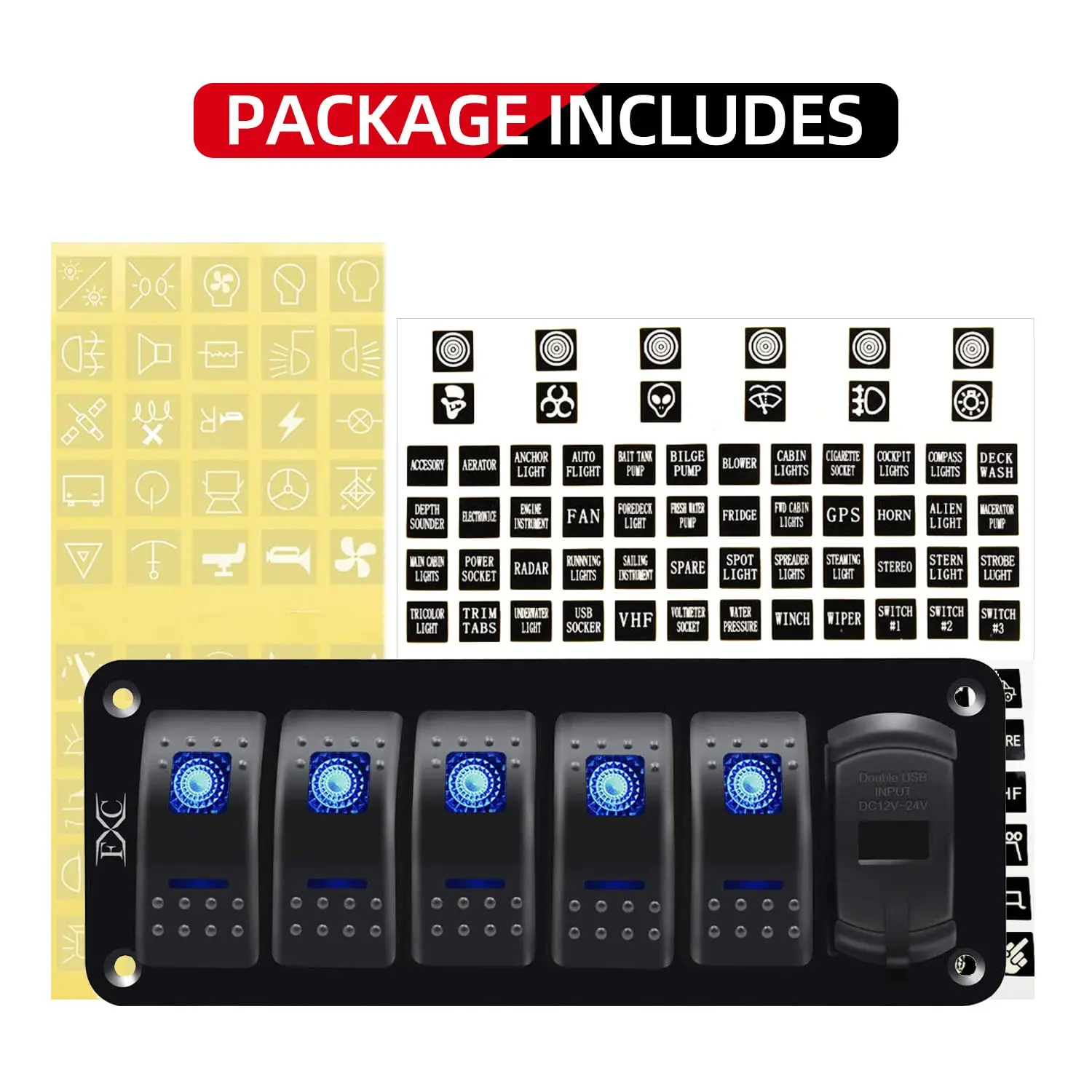 5 Gang Rocker Switch Aluminum Panel with Voltmeter and Dual USB(4.8A ...