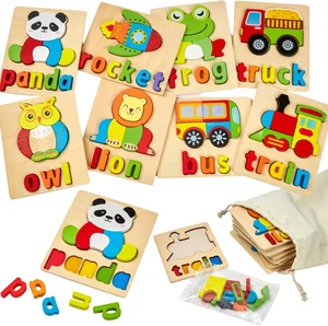 CE Montessori Educational Learning Classic Wood 3D Alphabets Word Animal Jigsaw Puzzles Baby Diy Toys for Kids Boys and Girls