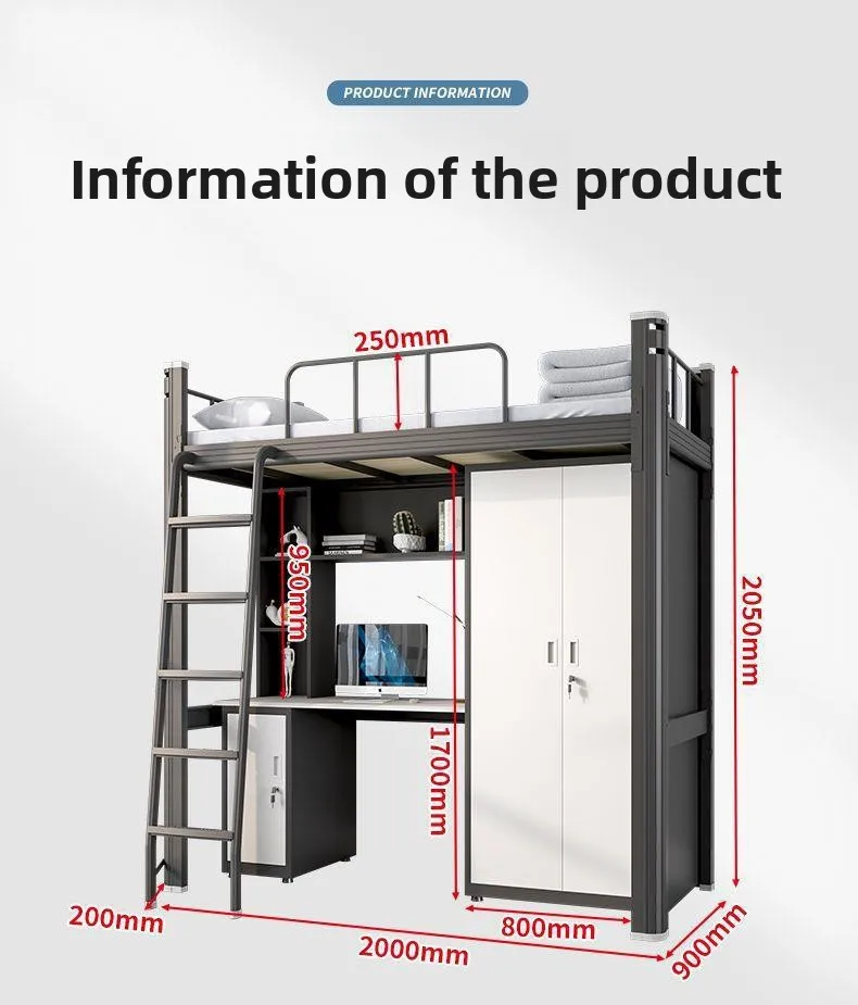 product factory wholesale metal dormitory bed with upper bed and lower desk frame for college student use school bunk bed desk-3