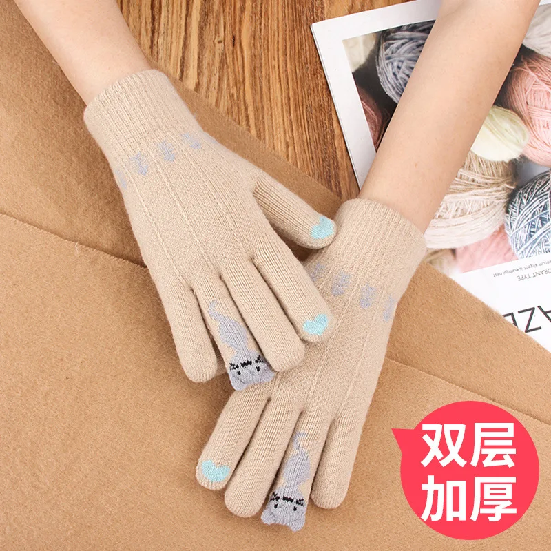 Vintage Christmas Deer Knitted Gloves Women Thicken Touch Screen Gloves Winter Warm Snow Full Finger Mittens Xmas Gift Women Fin