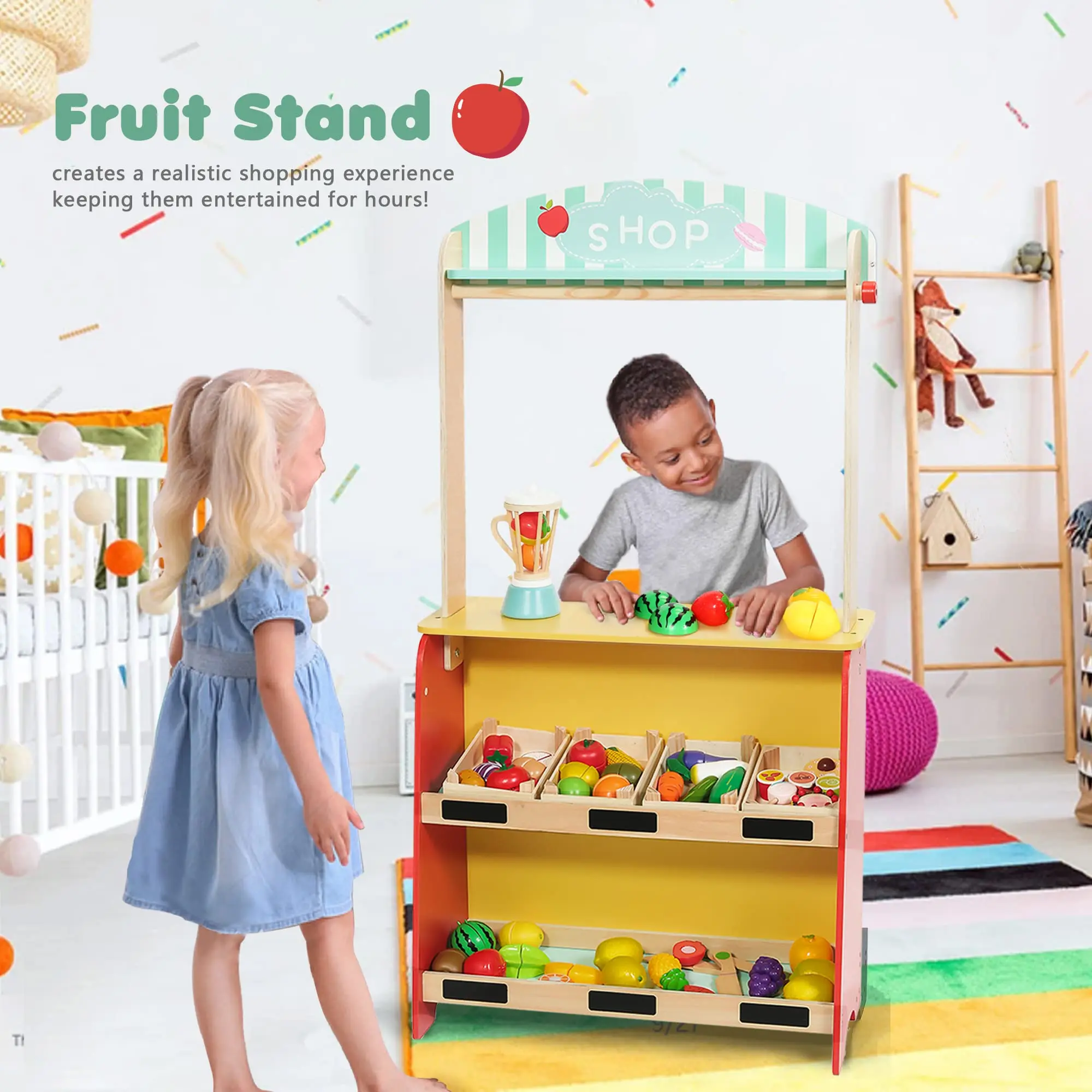 New Design Double-sided Puppet Stage With Chalkboard role Play Fruit Display Shop Kids Wooden Pretend Theatre
