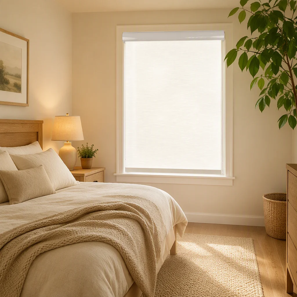 USB Rechargeable Motorized Roller Shades Built-in Simple Semi-Sheer Fabric Arc Headrail No Cords Bedroom Privacy Custom Size