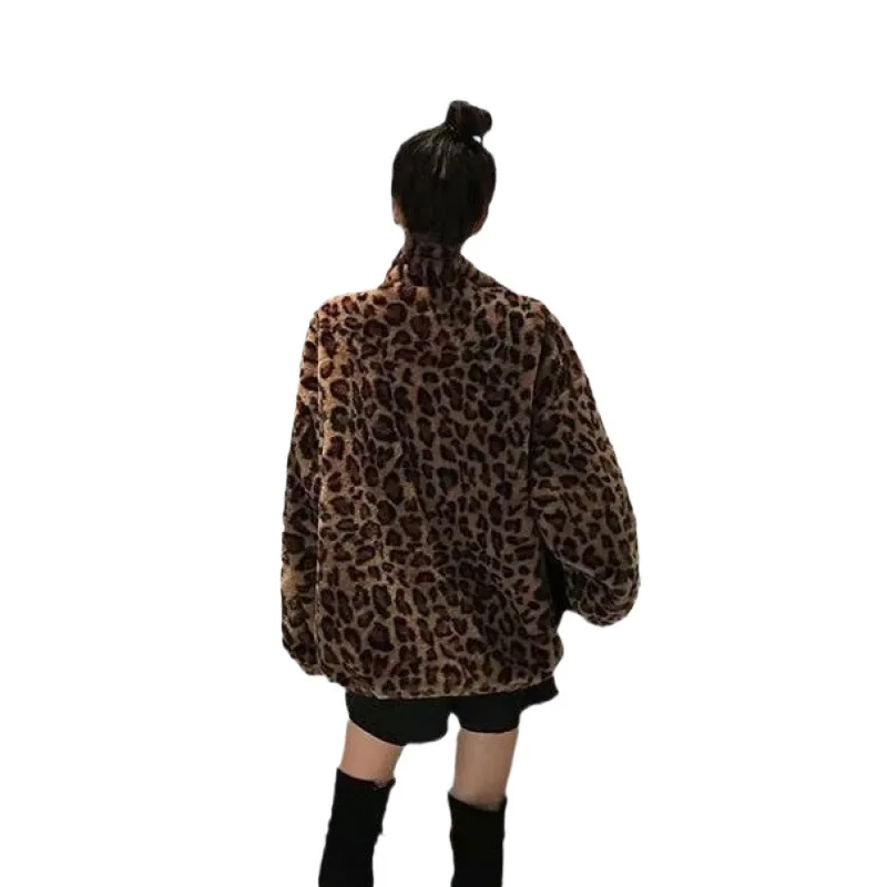 European American Autumn Winter New Korean Style Wool/Silk Slim ELEGANT Maternity Leopard Print Long Sleeves Coat Retro Women's