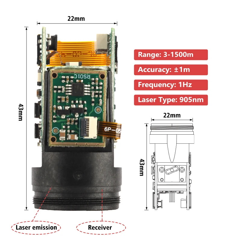 TC22 1000m Micro Time of Flight Sensor for Drone Arduino Laser Rangefinder Sensor LRF Module for Gun Sight