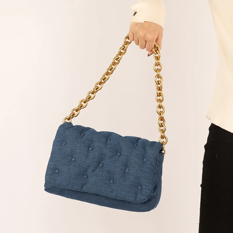 Zara - Quilted Denim Shoulder Bag - Denim Blue - Women