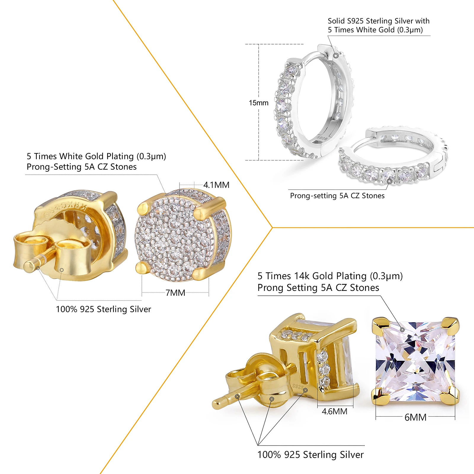 Orecchini A Bottone Con Zirconi 5A, Placcati Oro 14K, Ipoallergenici, Brillanti E Sicuri Per Pelli Sensibili - 4