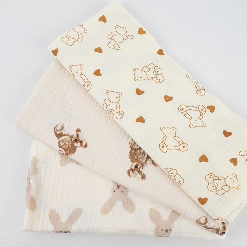 100Cotton Cartoon Print Double-layer Crepe Double-layer Gauze Baby Bear Pajamas Blankets Saliva Towels and Sleeping Bag Fabrics